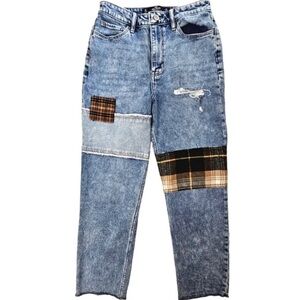 Hollister ultra high rise mom‎ patchwork vintage stretch flannel patches jeans